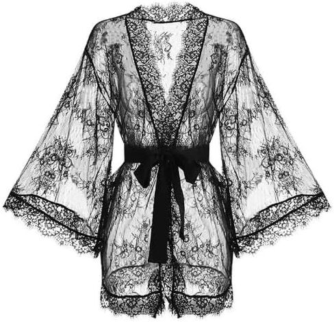 Women Sexy Lace Robe Erotic Deep V Pajamas Mesh Floral Nightgown with Straps Lingerie Thong Sheer Sleepwear Nightdress in Kuwait