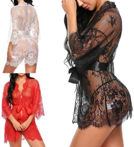 Women Sexy Lace Robe Erotic Deep V Pajamas Mesh Floral Nightgown with Straps Lingerie Thong Sheer Sleepwear Nightdress in Kuwait