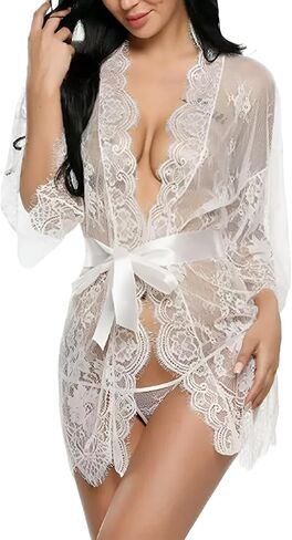 Women Sexy Lace Robe Erotic Deep V Pajamas Mesh Floral Nightgown with Straps Lingerie Thong Sheer Sleepwear Nightdress in Kuwait