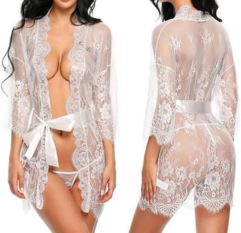 Women Sexy Lace Robe Erotic Deep V Pajamas Mesh Floral Nightgown with Straps Lingerie Thong Sheer Sleepwear Nightdress in Kuwait