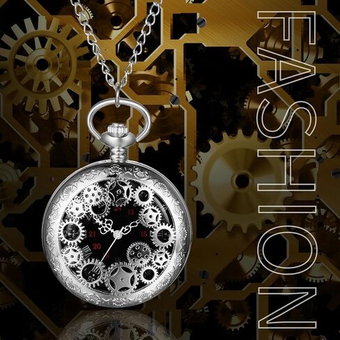 OIDEA Mens Womens Pocket Watch: Hollow Embossed Gear Decoration Analog Quartz Pocket Watches with Chain Graduation Christmas Birthday Gifts in Kuwait