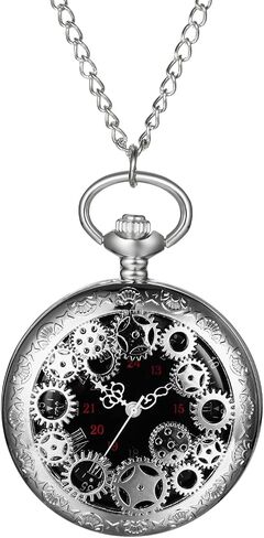 OIDEA Mens Womens Pocket Watch: Hollow Embossed Gear Decoration Analog Quartz Pocket Watches with Chain Graduation Christmas Birthday Gifts in Kuwait