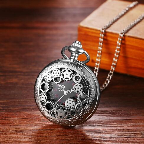 OIDEA Mens Womens Pocket Watch: Hollow Embossed Gear Decoration Analog Quartz Pocket Watches with Chain Graduation Christmas Birthday Gifts in Kuwait