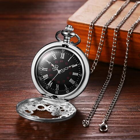 OIDEA Mens Womens Pocket Watch: Hollow Embossed Gear Decoration Analog Quartz Pocket Watches with Chain Graduation Christmas Birthday Gifts in Kuwait