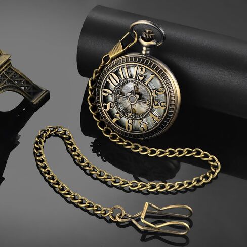Vintage Roman Numerals Scale Quartz Pocket Watch with Chain for Xmas Fathers Day Gift in Kuwait