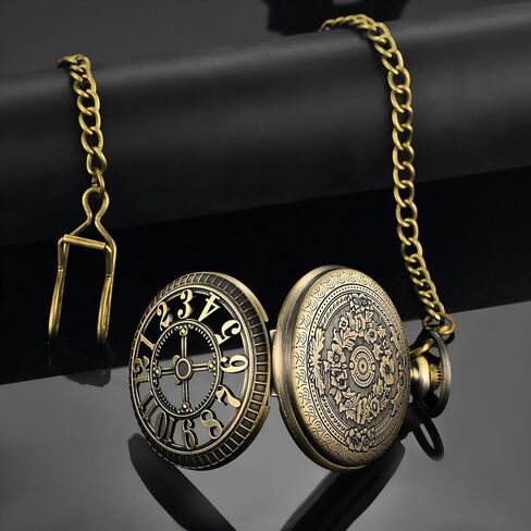 Vintage Roman Numerals Scale Quartz Pocket Watch with Chain for Xmas Fathers Day Gift in Kuwait