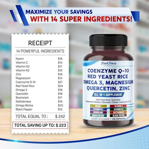 Coenzyme Q-10 Red Yeast Rice Quercetin Magnesium Malate, Glycinate, Citrate - Made in USA in Saudi Arabia