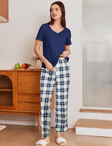Ekouaer طقم بيجامة نسائي مكون من قطعتين بأكمام قصيرة وبنطلون طويل ملابس نوم Pjs مع جيوب S-XXL in Saudi Arabia