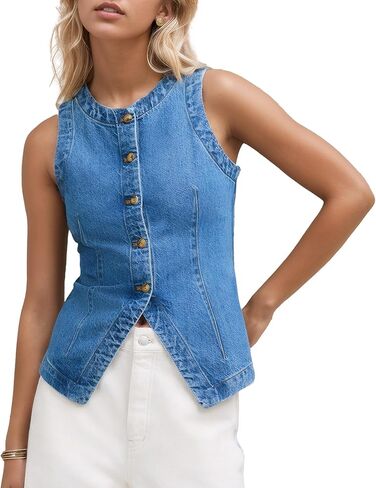 D-Sun Women Denim Vest Sleeveless Crewneck Button Down Jean Waistcoat Casual Front Slit Slim Denim Tank Top in Saudi Arabia