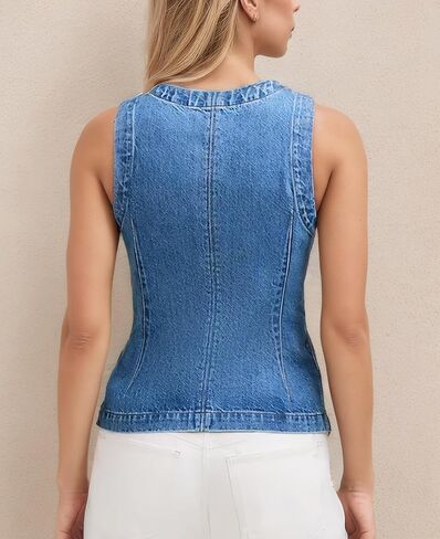D-Sun Women Denim Vest Sleeveless Crewneck Button Down Jean Waistcoat Casual Front Slit Slim Denim Tank Top in Saudi Arabia