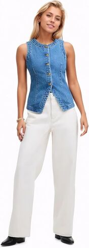 D-Sun Women Denim Vest Sleeveless Crewneck Button Down Jean Waistcoat Casual Front Slit Slim Denim Tank Top in Saudi Arabia