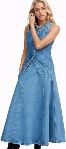 D-Sun Women Denim Vest Sleeveless Crewneck Button Down Jean Waistcoat Casual Front Slit Slim Denim Tank Top in Saudi Arabia
