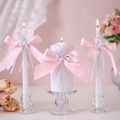 3 Pcs Unity Candles with Satin Bow and Glass Candle Holder Boho Wedding Unity Pillar Candle Set Wedding Ceremony Reception Candles Decor for Formal Events Church (Ivory) in Saudi Arabia