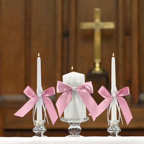 3 Pcs Unity Candles with Satin Bow and Glass Candle Holder Boho Wedding Unity Pillar Candle Set Wedding Ceremony Reception Candles Decor for Formal Events Church (Ivory) in Saudi Arabia