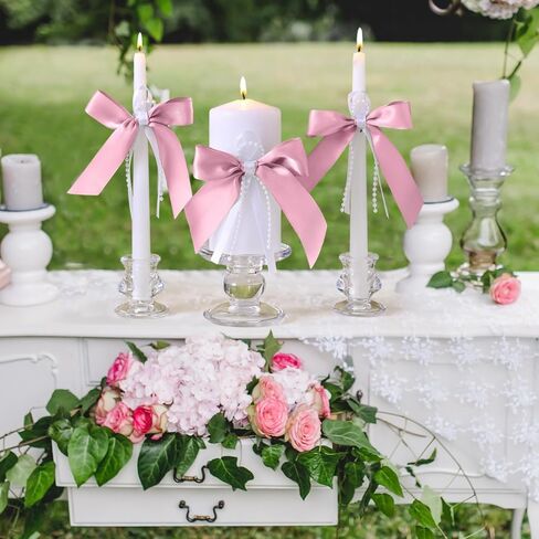 3 Pcs Unity Candles with Satin Bow and Glass Candle Holder Boho Wedding Unity Pillar Candle Set Wedding Ceremony Reception Candles Decor for Formal Events Church (Ivory) in Saudi Arabia