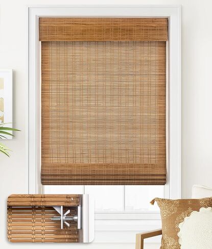 Lazblinds No Tools No Drill Cordless Bambo Shades ، و Filtering Filtering Window Treatment ، و Roll row bamboo for Window 34 'W x 64' 'H ، Ceylon Light Russet in Kuwait