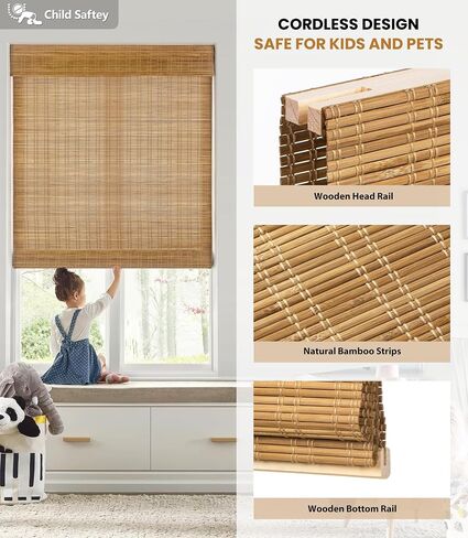 Lazblinds No Tools No Drill Cordless Bambo Shades ، و Filtering Filtering Window Treatment ، و Roll row bamboo for Window 34 'W x 64' 'H ، Ceylon Light Russet in Kuwait