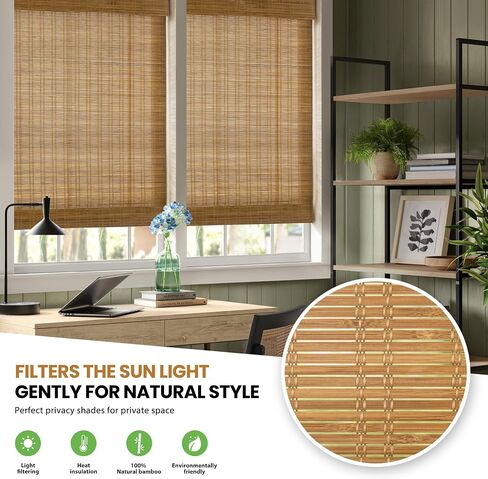 Lazblinds No Tools No Drill Cordless Bambo Shades ، و Filtering Filtering Window Treatment ، و Roll row bamboo for Window 34 'W x 64' 'H ، Ceylon Light Russet in Kuwait