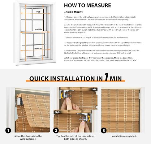 Lazblinds No Tools No Drill Cordless Bambo Shades ، و Filtering Filtering Window Treatment ، و Roll row bamboo for Window 34 'W x 64' 'H ، Ceylon Light Russet in Kuwait