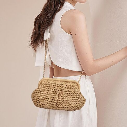 Straw Clutch Purse for Women, Cloud Dumpling Pouch, Straw Crossbody Shoulder Handbag, Summer Beach Woven Bag 2025 in Saudi Arabia
