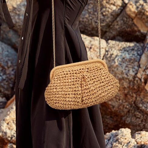 Straw Clutch Purse for Women, Cloud Dumpling Pouch, Straw Crossbody Shoulder Handbag, Summer Beach Woven Bag 2025 in Saudi Arabia