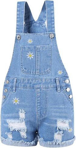 WDIRARA Girl's Floral Embroidered Denim Bib Overall Shorts Ripped Jean Romper with Pockets in Saudi Arabia