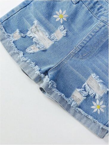 WDIRARA Girl's Floral Embroidered Denim Bib Overall Shorts Ripped Jean Romper with Pockets in Saudi Arabia
