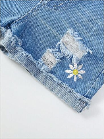 WDIRARA Girl's Floral Embroidered Denim Bib Overall Shorts Ripped Jean Romper with Pockets in Saudi Arabia