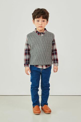 Kids Toddlers Unisex Classic Checkered Pattern Lightweight V-Neck Wool Blend Knit Vest for Boys & Girls in Kuwait