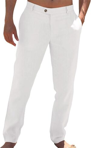 Runcati Mens Casual Pants Elastic Waist Linen Lightweight Straight-Legs Loose Fit Summer Beach Yoga Trousers in Kuwait