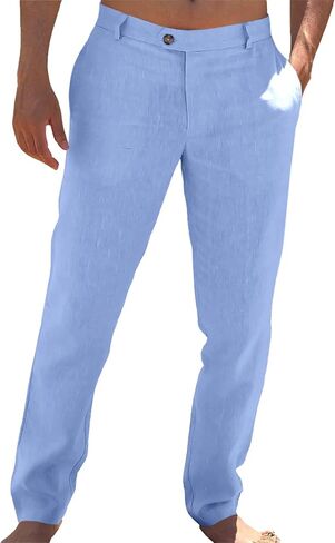 Runcati Mens Casual Pants Elastic Waist Linen Lightweight Straight-Legs Loose Fit Summer Beach Yoga Trousers in Kuwait