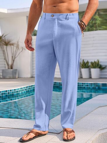 Runcati Mens Casual Pants Elastic Waist Linen Lightweight Straight-Legs Loose Fit Summer Beach Yoga Trousers in Kuwait