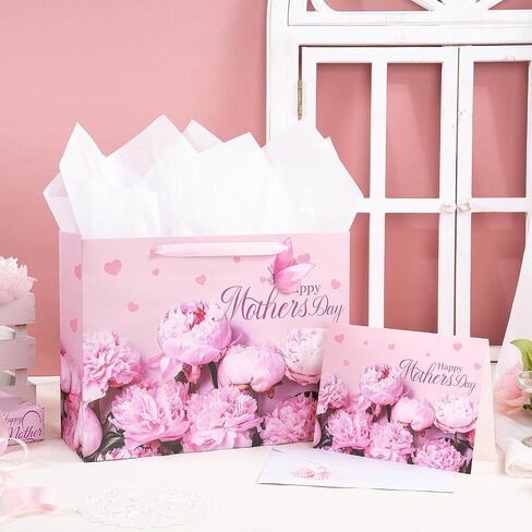 حقيبة هدايا Loveinside Purple Floral مع مناديل ورقية وبطاقة تهنئة لحفل استقبال المولود الجديد والآباء الجدد والمزيد - 13 بوصة × 5 بوصة × 10 بوصة، قطعة واحدة (زهور أرجوانية لعيد الأم) in Saudi Arabia