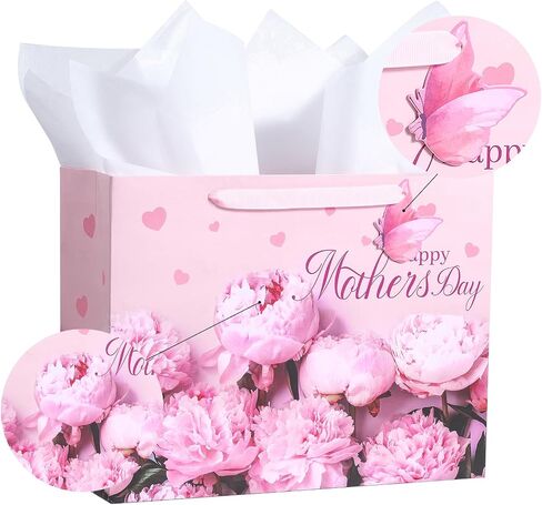حقيبة هدايا Loveinside Purple Floral مع مناديل ورقية وبطاقة تهنئة لحفل استقبال المولود الجديد والآباء الجدد والمزيد - 13 بوصة × 5 بوصة × 10 بوصة، قطعة واحدة (زهور أرجوانية لعيد الأم) in Saudi Arabia