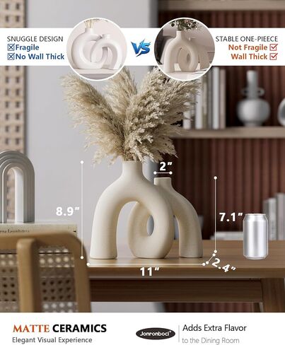 Hug Donut Decorative Vase Set - Modern Nordic Boho Style Vases Home Decor, Matte Ceramic Decorations for Living Room Shelf, Bookshelf Mantle Entryway Table or Console Décor (Cream White) in Saudi Arabia