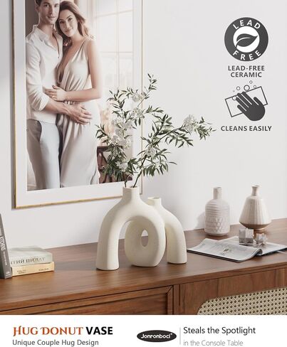 Hug Donut Decorative Vase Set - Modern Nordic Boho Style Vases Home Decor, Matte Ceramic Decorations for Living Room Shelf, Bookshelf Mantle Entryway Table or Console Décor (Cream White) in Saudi Arabia