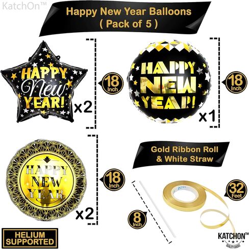 KatchOn, Happy New Year Balloons- Large 28 Inch, Pack of 5 | New Year Foil Balloons for NYE Decorations | New Years Eve Balloons for Happy New Year Decorations 2024 | New Years Eve Party Supplies 2024 in Kuwait