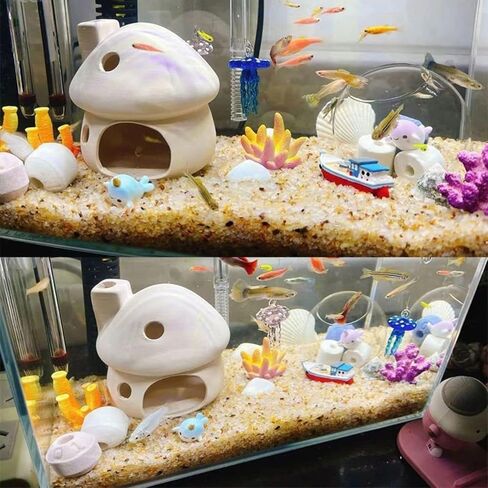 RUIAN Aquarium Decor Ceramic Mushroom House Ornament Fish Tank Landscape Decoration Pottery Hide Cave Habitat Hut Small Shrimp for Goldfishes to Rest Breed Hiding,Gray in Kuwait
