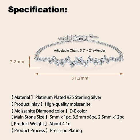سوار رابط Moissanite للنساء ، 2.72CTTW D Color 925 Sterling Silver Silver Minimalist Layering Congening Jewelry for الزوجة أو الأم ، سلسلة قابلة للتعديل in Kuwait