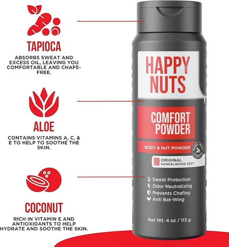 HAPPY NUTS Comfort Powder - Anti Chafing & Deodorant, Aluminum-Free, Sweat and Odor Control for Jock Itch, Groin and Men's Private 4 Oz (4 Ounce (Pack of 1), Big Wood) in Kuwait