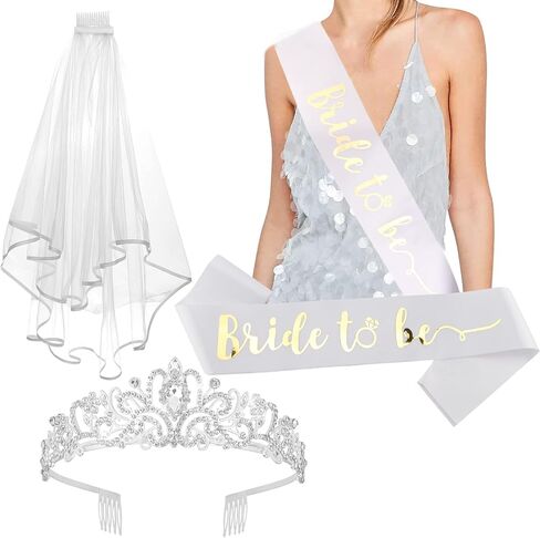 CIEHER Crystal Crown + Bride To Be Sash + Veil Set, Bachelorette Party Decorations in Saudi Arabia