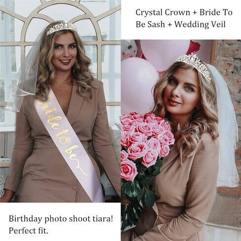 CIEHER Crystal Crown + Bride To Be Sash + Veil Set, Bachelorette Party Decorations in Saudi Arabia
