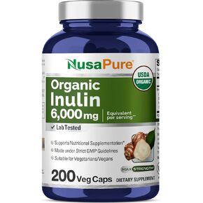 NusaPure Inulin Powder 20:1 Extract, 300 mg Equivalent to 6,000mg | 200 Veggie Capsules |USDA Organic and Non-GMO Supplement
