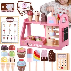 GAGAKU Wooden Ice Cream Play Set for Kids Pretend Play Food Wooden Ice Cream Set Shop Play Kitchen Accessories with Menu and Cash Role Play Toys Gifts for Toddler 3 4 5 6 7 8 Years Old Girls and Boys
