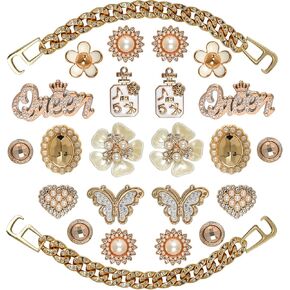 Bling Shoe Charms for Girls and Women, Girly Gold Shoe Charms for Crocs, 24 PCS Glitter Shoe Charms Bulk, Shoe Chains Shoe Pins, Shoe Accessories, Rhinestones Shoe Decoration