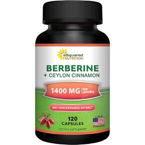 asquared Nutrition Berberine مع ملحق Ceylon Cinnamon - 1400 ملجم كحد أقصى للمجمع - 120 كبسولة - 1200 ملغ من مسحوق المسحوق حمض الهيدروكلوريك بالإضافة إلى حبوب منع الحمل - بديل لل gummies & drops