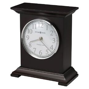 Howard Miller Nell Mantel Clock, Espresso Finish Rectangular Wooden Frame Top Flat Pediment, Silver Ring Round White Analog Dial Arabic Numerals Perfect for Home Decor, Office & Bedroom