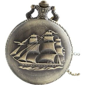Retro Ancient Sailboat/Warships/Pirate Ship Pendant Quartz Pocket Watch Long Necklace with Gift Bag for Men/Women