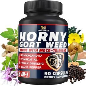 BMVINVOL Horny Goat Weed for Men - Extra Strength Supplement with Maca, Ginseng, Tribulus Terrestris, Ashwagandha - 90 Capsules