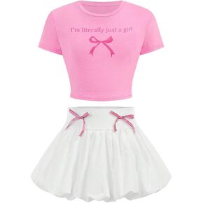 Verdusa Girl's 2 Piece Bow Outfits Short Sleeve Fitted Crop Tops with Mini Bubble Skirt Set
